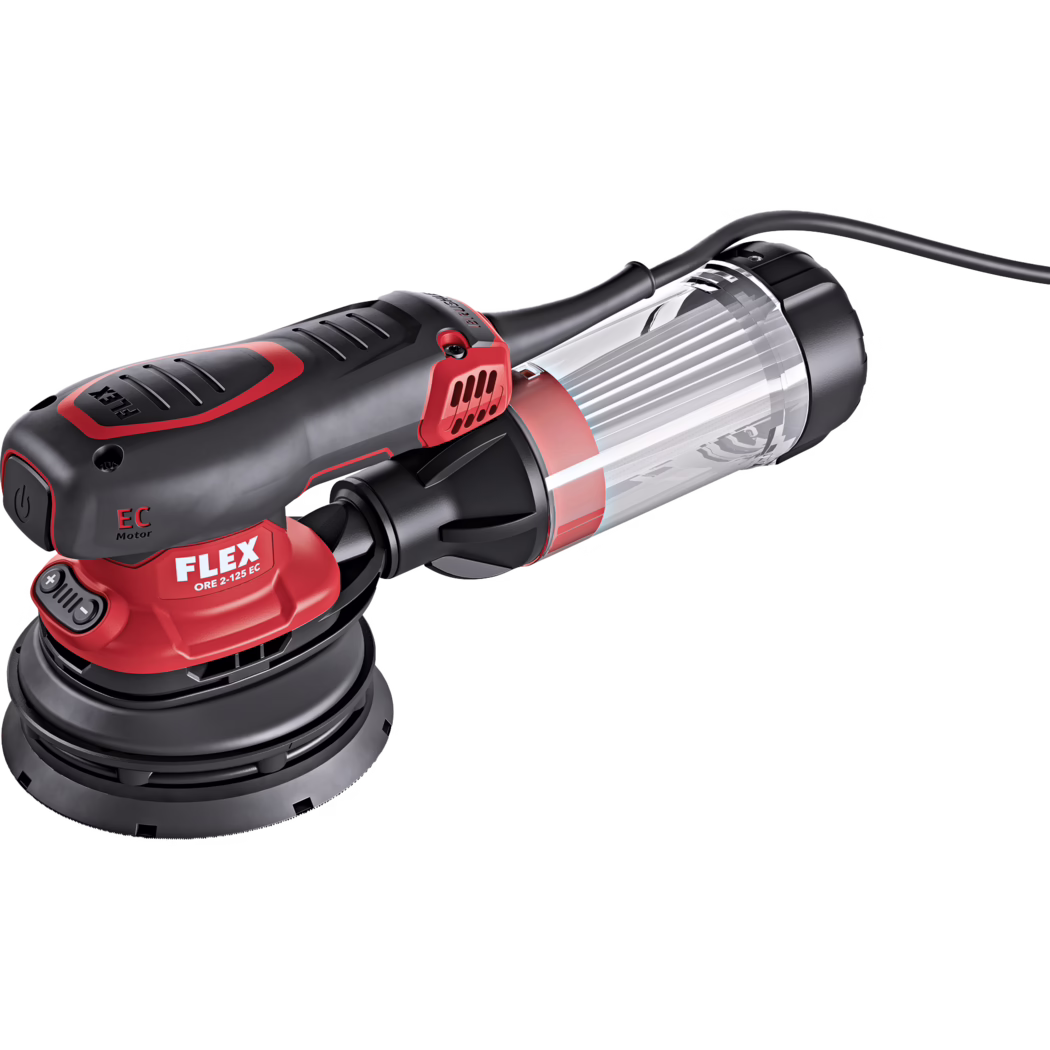 Derendinger_Dummy_178151_Exzenterschleifer-LEX-ORE_2023.12 Close-up product image of a red and black FLEX electric orbital sander/polisher (model ORE 2-125 EC). The photo highlights the ergonomic top handle with textured rubber grip and ventilation slots, the compact motor housing marked 'EC Motor', the circular sanding pad with protective shroud, and the transparent dust collection container attached to the rear with a black power cable extending outward. Studio-style shot on a white background showing fine details, materials and functional controls.