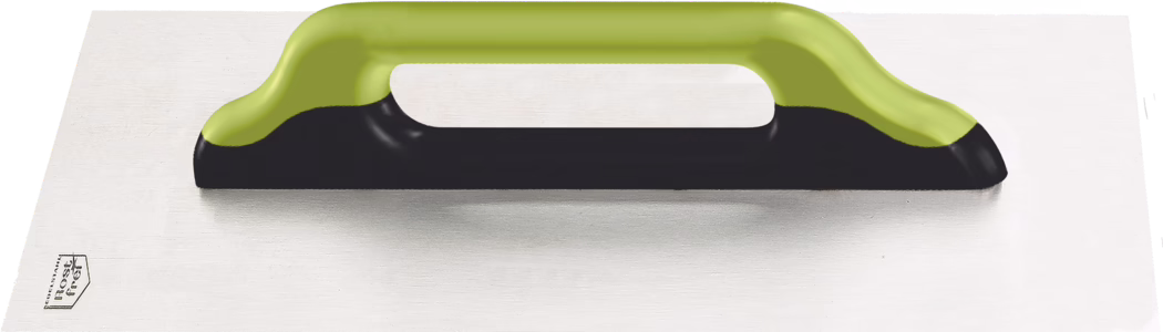 WOLFF_Dummy_56204_Swiss trowel_2025-08 Une taloche rectangulaire en acier inoxydable avec une lame métallique brossée et lisse et une poignée ergonomique bicolore en plastique vert citron et noir. La poignée est centrée et présente une large ouverture ovale pour la prise ; les bords de la lame sont légèrement arrondis. Un petit tampon du fabricant est visible près du coin inférieur gauche. Des reflets doux sur la poignée et une ombre subtile sous l'outil suggèrent l'éclairage ; photo produit en haute résolution sur fond blanc.