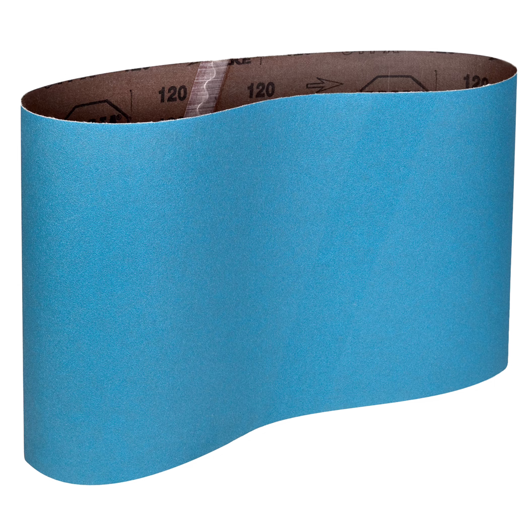 Derendinger_Dummy_ProLine_57262_Schleifband Une bande abrasive bleue en boucle avec une surface granuleuse visible et le numéro «120» imprimé à l'intérieur, photographiée sur fond blanc.