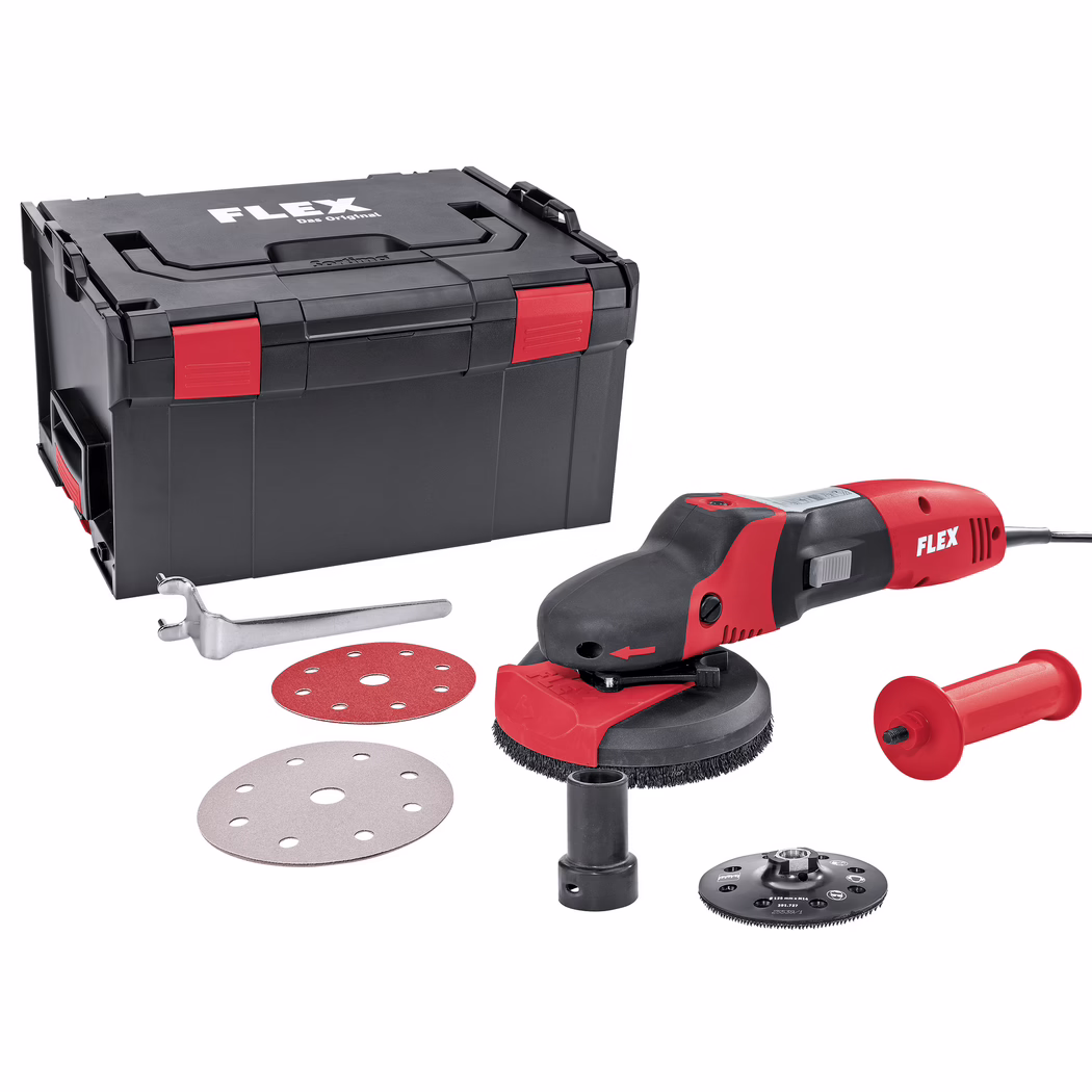 Derendinger_Dummy_10826_Supraflex_1_SE 14-2 150 Set Studio product photograph of a FLEX branded power-tool kit arranged on a white background. A stackable black plastic tool case with red latches and a white "FLEX" logo on the lid is visible in the upper left. To the right and in the foreground sits a red-and-black handheld orbital/surface sander with an attached power cord, ergonomic rubberized grip and a removable side handle. Several accessories are laid out nearby: round hook-and-loop sanding discs in red and grey, a sanding pad/backing plate, a circular brush pad, a metal wrench, a threaded adapter sleeve and a serrated backing/holder plate. The scene is brightly and evenly lit with soft studio highlights on plastic and metal parts, showing surface textures such as grit on sanding discs, molded plastic details, and short bristles on the brush pad. The composition is tightly cropped for catalog/e-commerce presentation and emphasizes product detail, color contrast and the functional components included in the kit.