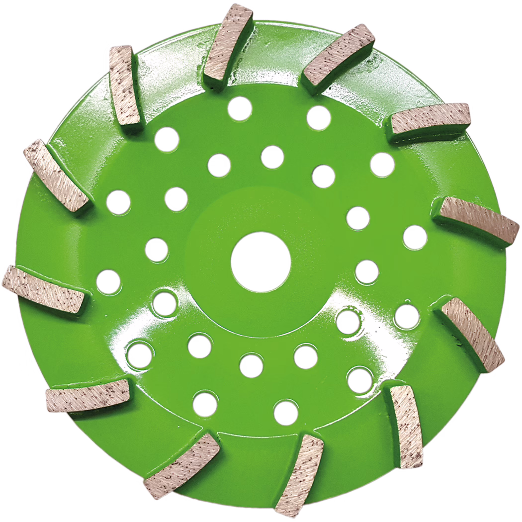 A green segmented diamond grinding cup wheel photographed on a white background. The circular steel body is painted bright green and features a central arbor hole surrounded by multiple evenly spaced ventilation and weight-relief holes across the face. Ten raised rectangular diamond segments are arranged around the rim and on the face; the segments show a textured metallic diamond grit surface and visible welds, indicating robust attachment. The tool is designed for aggressive grinding, shaping and material removal on concrete, stone and masonry, and its construction and coating suggest heavy-duty industrial use.
