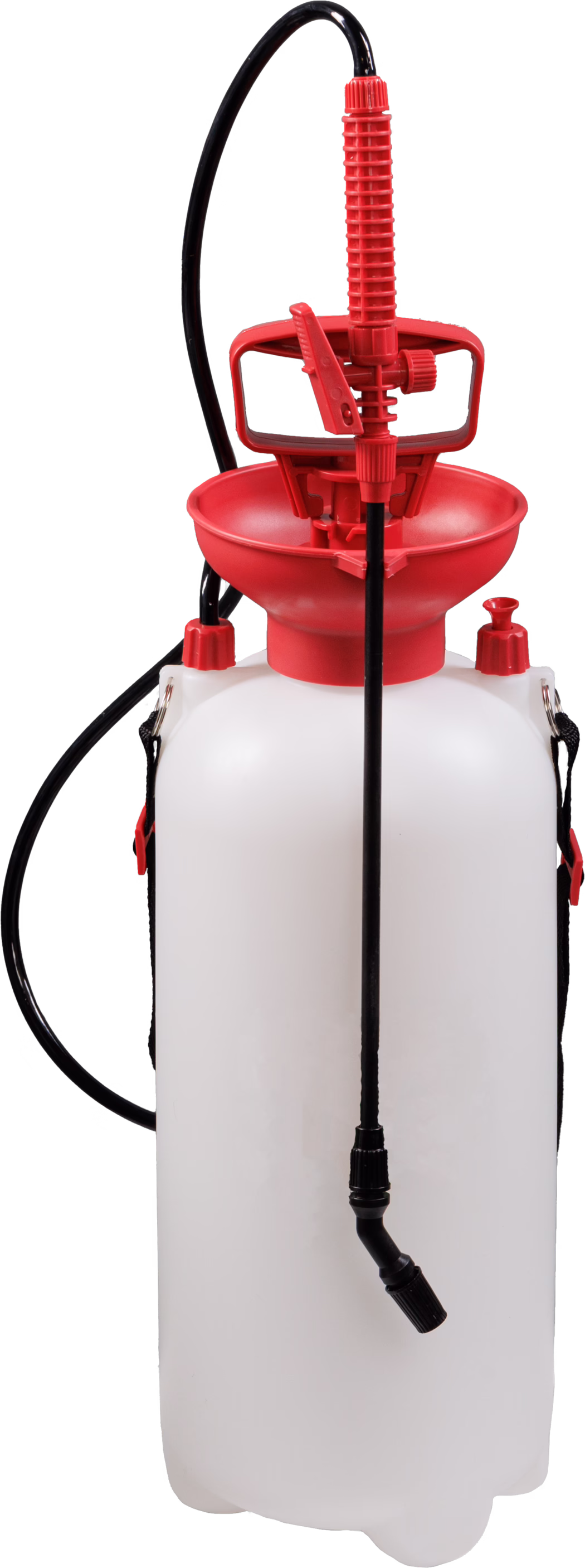 Pulvérisateur manuel de jardin avec un grand réservoir cylindrique en plastique blanc et un ensemble de pompe rouge sur le dessus. Le col d'appoint rouge en forme d'entonnoir et la poignée de pompe verticale nervurée sont reliés à un tuyau flexible noir et à une lance de pulvérisation noire longue avec buse réglable ; une sangle est fixée au réservoir pour le transport. L'appareil sert à appliquer de l'eau, des engrais liquides ou des traitements de jardin homologués; les pièces visibles sont en plastique (blanc et rouge) et le tuyau est noir.