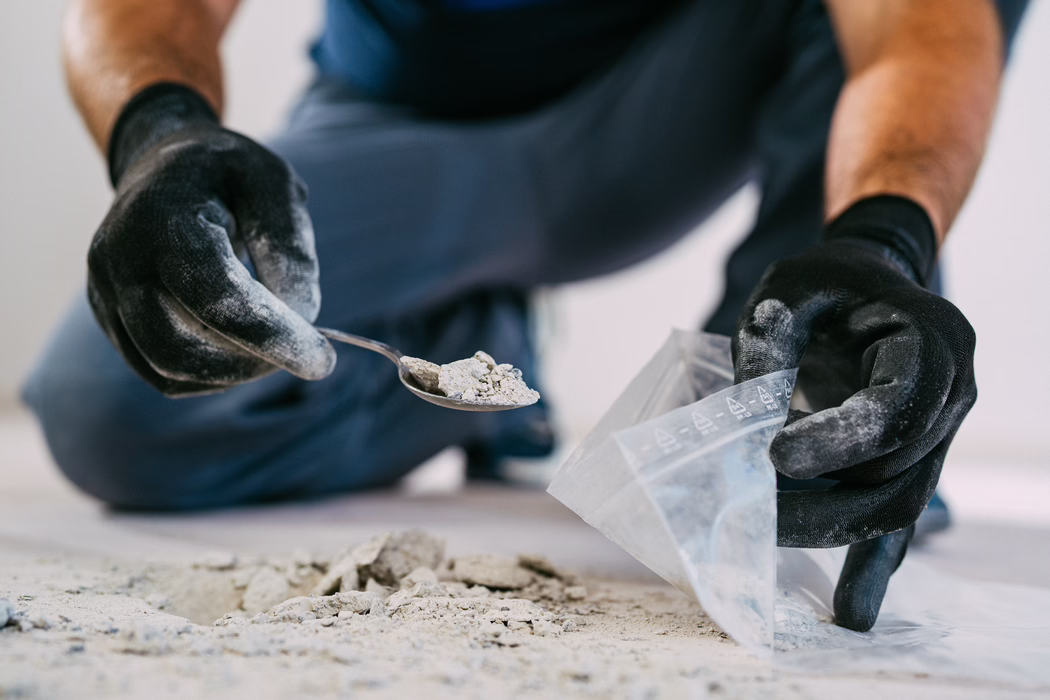 Gros plan de mains gantées qui ramassent, à l'aide d'une cuillère, des poussières grisâtres de béton et de petits débris pour les déposer dans un petit sac plastique transparent refermable posé sur le sol. L'image met l'accent sur les gants de travail noirs texturés et sur les particules poudreuses ; un petit tas et une légère cavité dans le sol sont visibles, les genoux de l'ouvrier apparaissent flous en arrière-plan. Un éclairage intérieur neutre fait ressortir la poussière fine et les fragments rugueux.