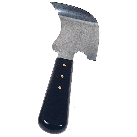 A short-handled cheese knife with a curved stainless steel blade featuring a rounded notch near the heel and a beveled cutting edge; the glossy black handle is secured with three brass rivets. The utensil is designed for cutting and serving semi-hard cheeses and is photographed on a plain white background.