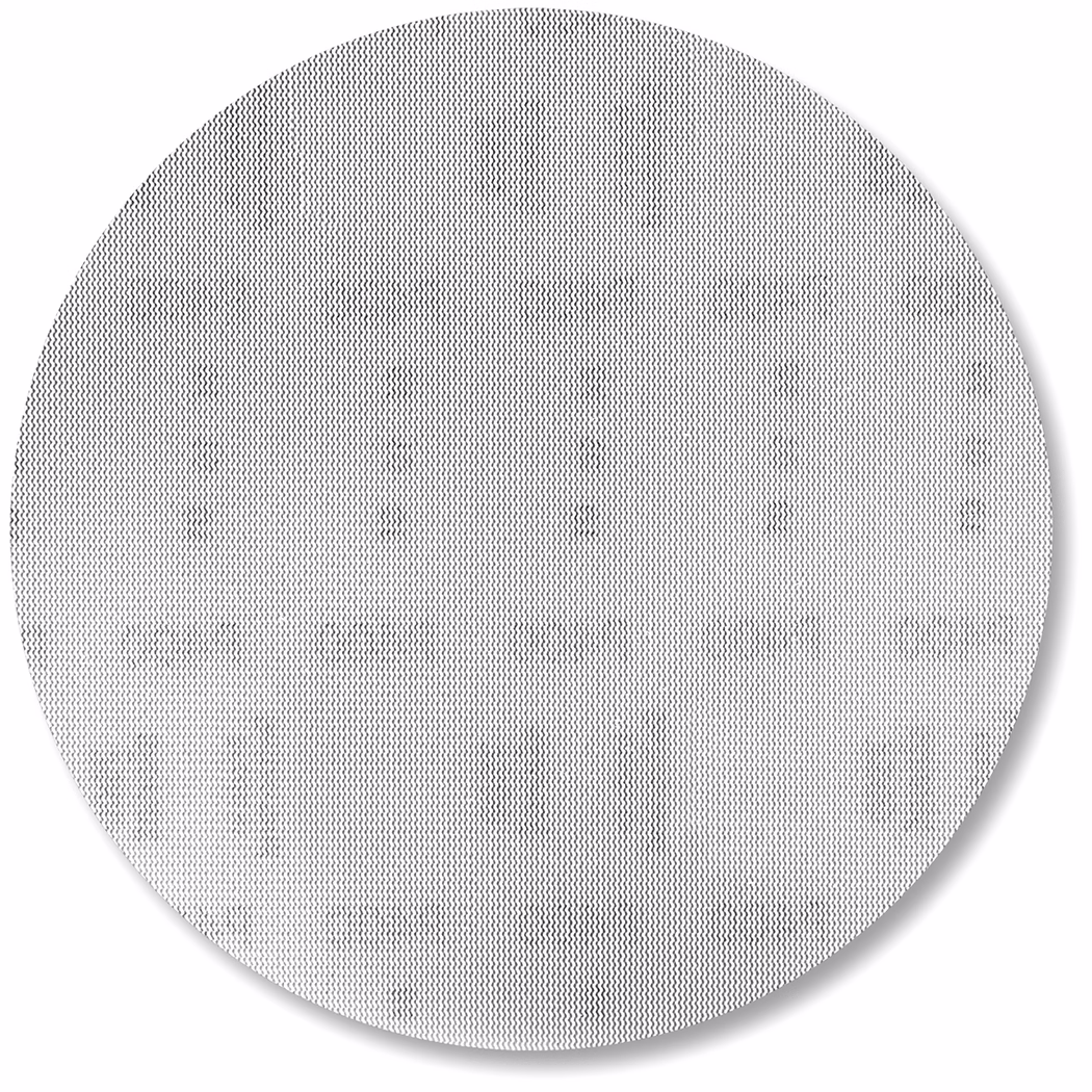 85425_Schleifnetzscheibe Un disque circulaire blanc avec un fin motif en zigzag de points noirs couvrant la surface, texture subtile et ombre douce sur fond blanc.