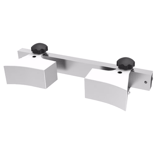 Support de fixation en aluminium argenté avec deux coussinets de support incurvés et boutons noirs en plastique réglables ; barre métallique droite avec deux cales semi‑cylindriques conçues pour maintenir ou soutenir des objets cylindriques.