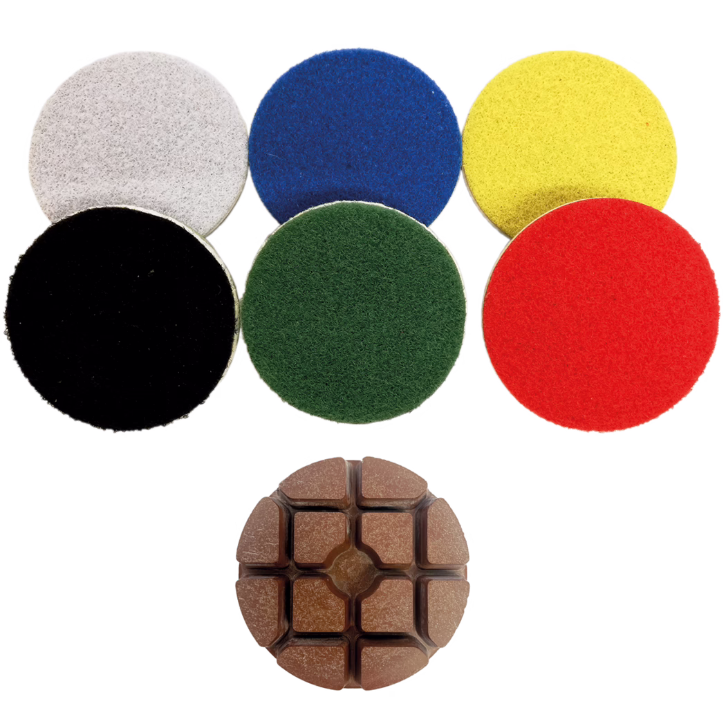 Une collection de six tampons à récurer ronds de différentes couleurs : gris, bleu, jaune, rouge, vert et noir, disposés en deux rangées avec un outil de nettoyage multifonction brun en dessous.