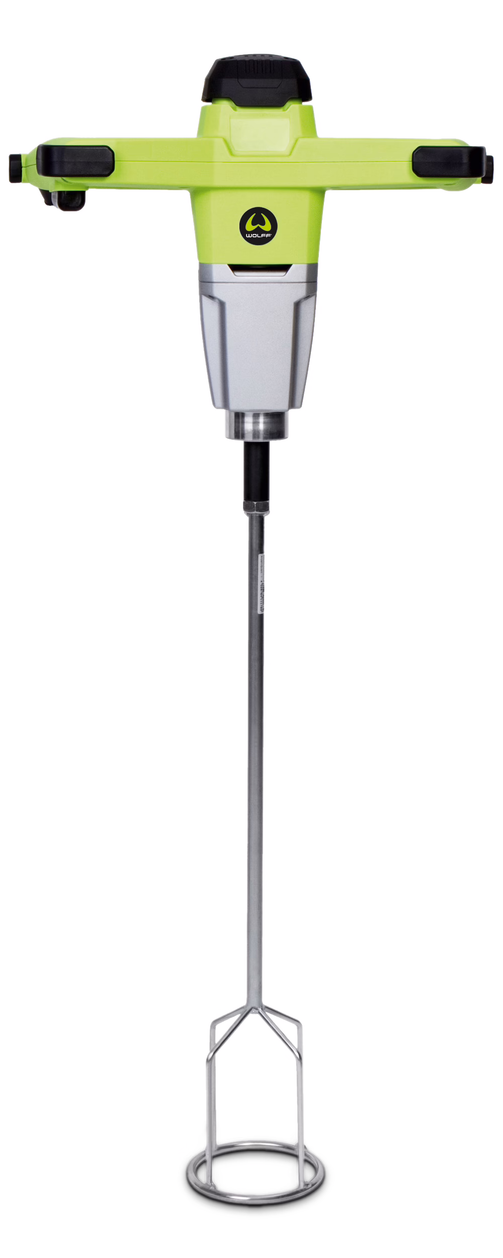 WOLFF_Dummy_84169_83924_Gear Mixer Power X1000 X1600_2024_02.psdMixer Power X1000 X1600_2025-08 Mélangeur électrique portatif avec poignée en T vert citron, zones de préhension noires et logo 'WOLFF' visible ; carter moteur argenté, longue tige métallique et pale de mélange en cage circulaire, adapté au mélange de mortier, peinture ou plâtre.