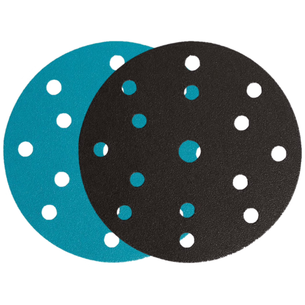 Derendinger_Dummy_Multilochscheibe_ProLine_Produkt_189873 Deux disques abrasifs ronds sur fond blanc : un disque noir recouvre un disque turquoise, tous deux dotés d'une surface abrasive texturée et de trous circulaires régulièrement espacés pour l'aspiration des poussières.