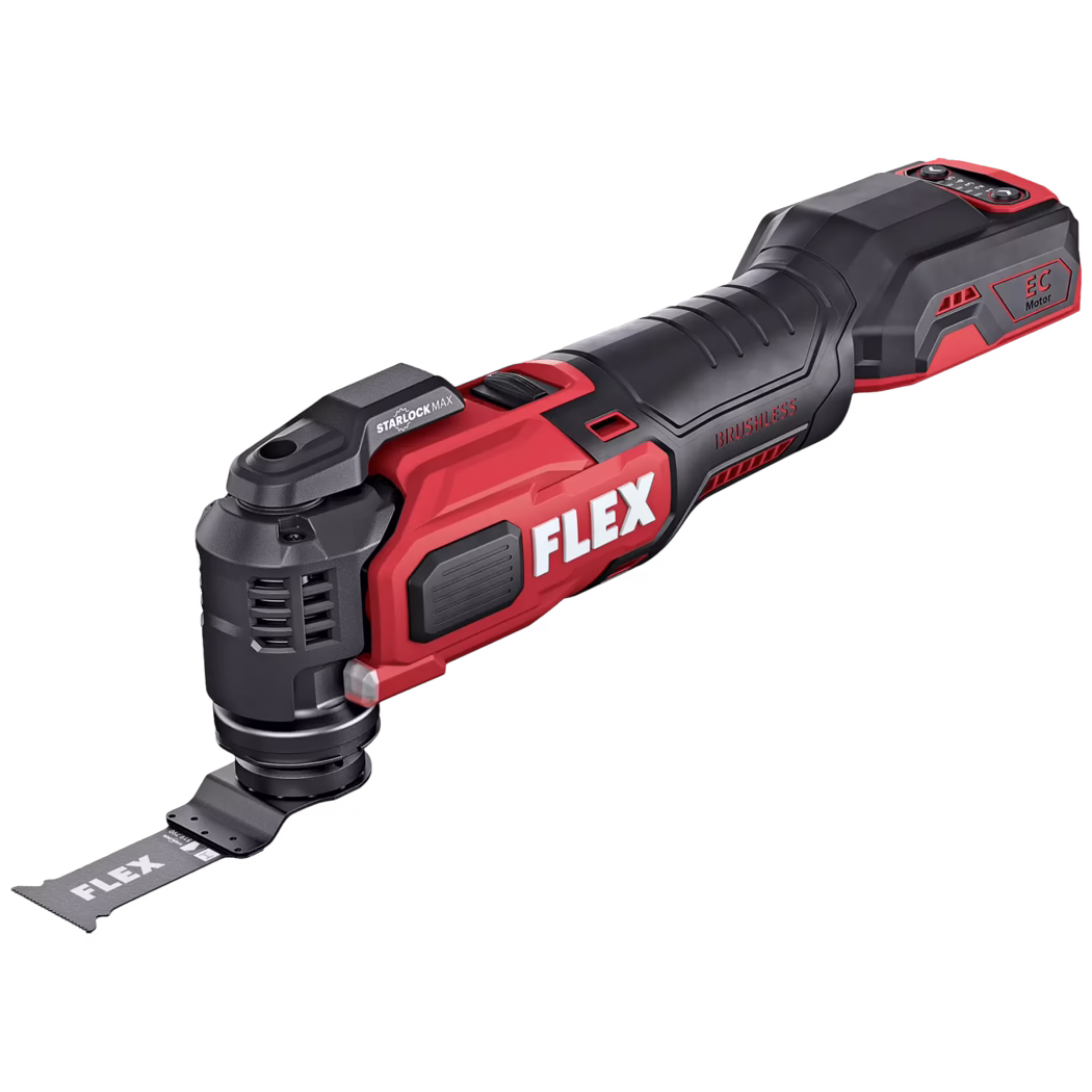 Derendinger_Dummy_173991_Flex-Multitool_Akku Outil oscillant multifonction sans fil rouge et noir avec le logo 'FLEX', moteur brushless et batterie amovible marquée 'EC Motor'. L'appareil présente une poignée ergonomique caoutchoutée, des ouvertures de ventilation, une fixation d'accessoires STARLOCK MAX et une lame de coupe plongeante montée; idéal pour couper, poncer et gratter dans des espaces restreints.