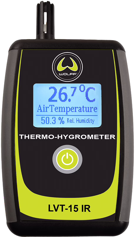 Thermo-hygromètre portable modèle LVT-15 IR de Wolff : boîtier en plastique noir et jaune, écran LCD rétroéclairé affichant 26,7 °C (température de l'air) et 50,3 % d'humidité relative, capteur en haut et bouton d'alimentation sous l'écran ; instrument compact et portable pour mesurer la température et l'humidité relative de l'air.
